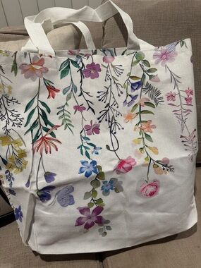 Floral Canvas Tote Bag in White with Multicolor Bloom Print